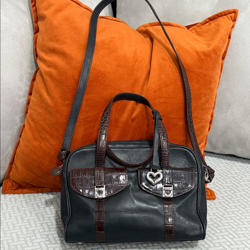 Brighton Heart to Hear Double Pocket Black Brown Leather Medium Shoulder Handbag